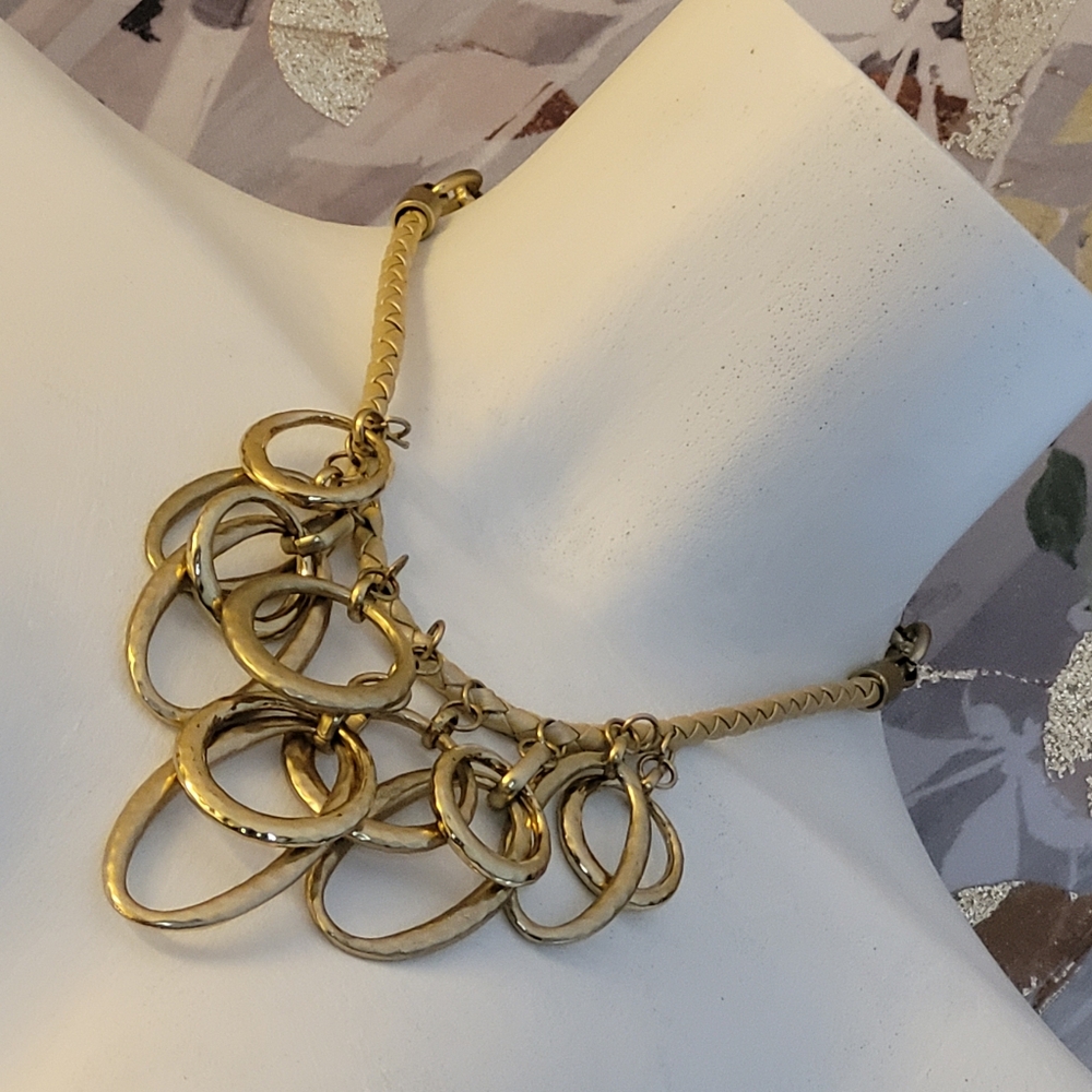Chico's Boho Beachy Braided Necklace With Gold-tone Oval & Circle Charms